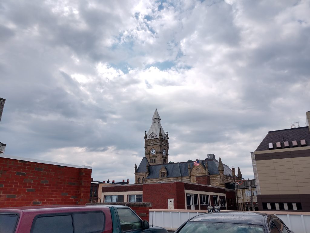 Top level of the Tier Parking Garage in Downtown Butler with a view of the courthouse